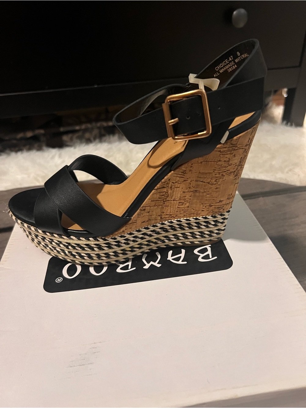 BAMBOO Black Cork Espadrille Wedge Sandal with Gold Buckle
